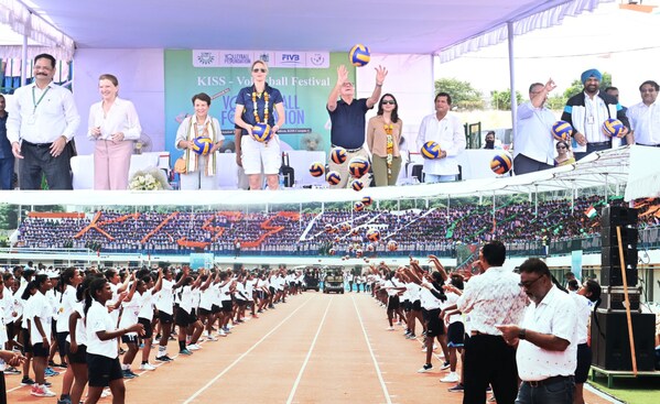 President of International Volleyball Federation (FIVB) Dr. Ary S Graça and US Consul General in Hyderabad Jennifer Larson along with the Founder of KIIT and KISS Dr Achyuta Samanta inaugurating the KISS Volleyball Festival in Bhubaneswar, Odisha on October 4.