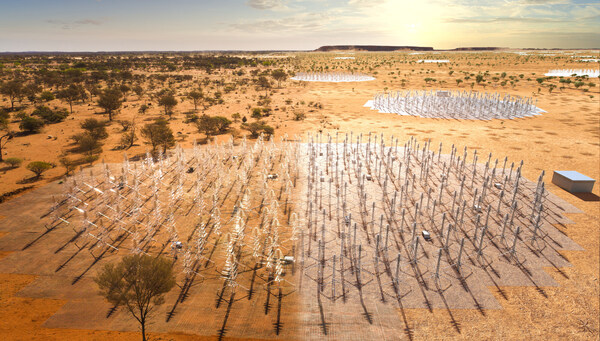 在西澳大利亚州Inyarrimanha Ilgari Bundara，即CSIRO Murchison射电天文台建设中的SKA-Low望远镜的复合艺术效果图（图片来源：SKAO）